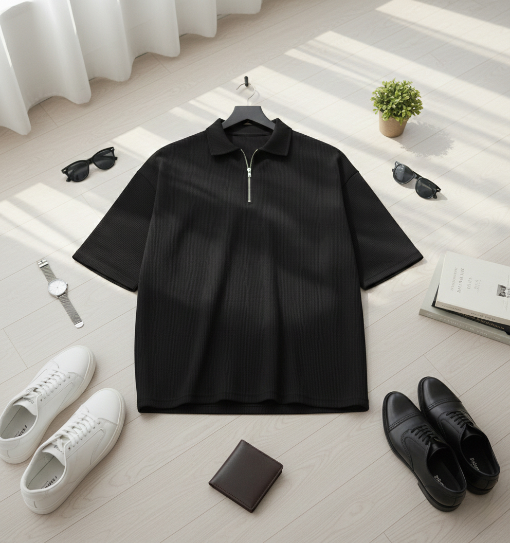 تیشرت مردانه یقه زیپ دار مشکی مدل Arban