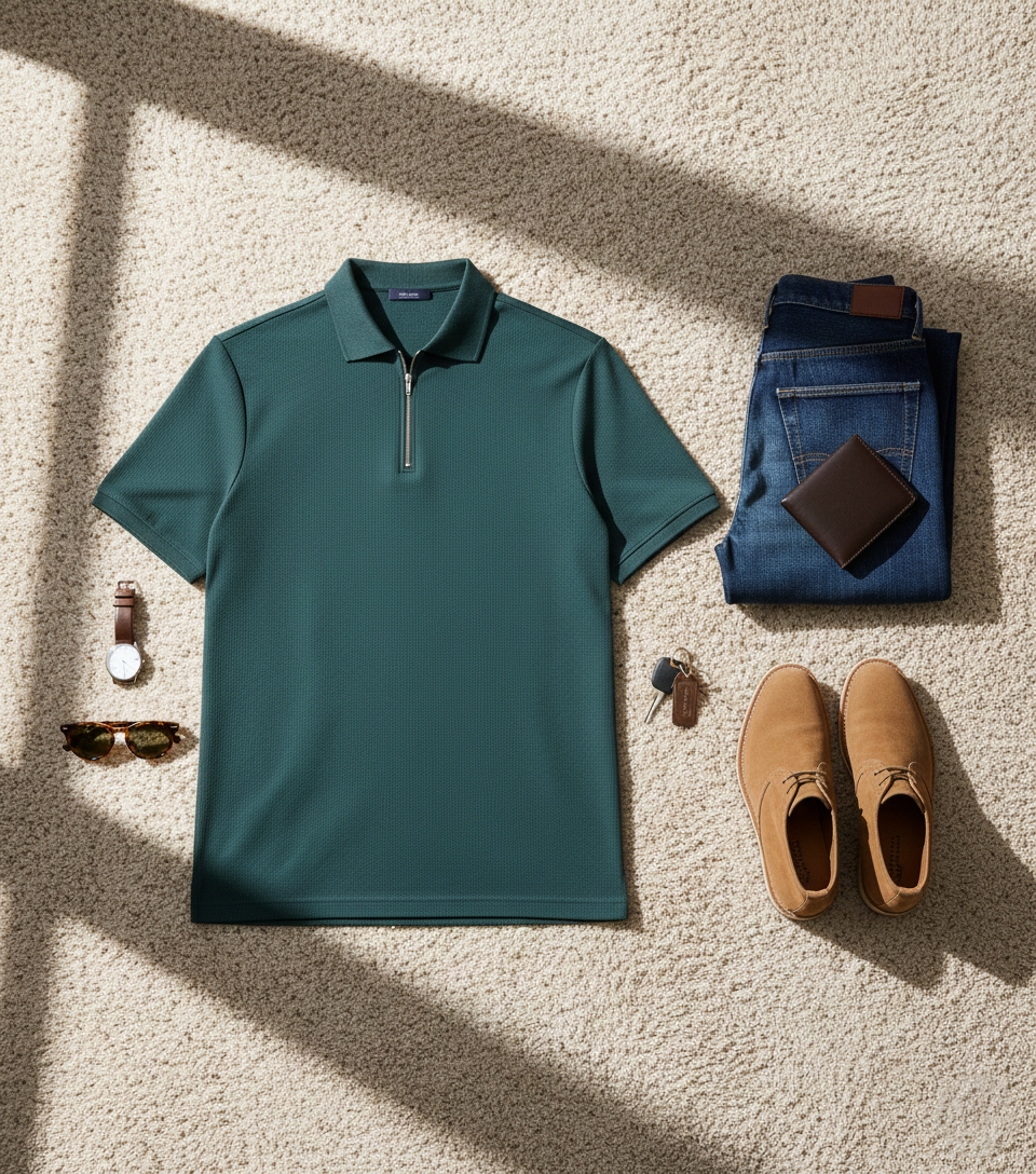 تیشرت مردانه یقه زیپ دار سبز مدل Arban